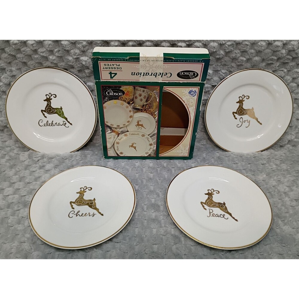 Set 4 Gibson Everyday Celebration Dessert Plates 7.5" Gold Colored Reindeer Xmas